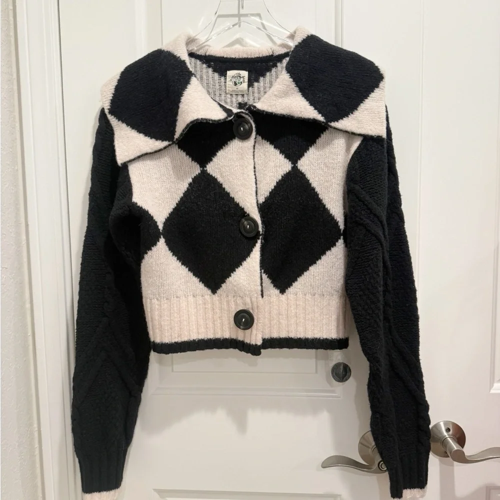 FREE PEOPLE WE THE FREE Joy Diamond Polo Cardigan Sweater in Black Cream size XS